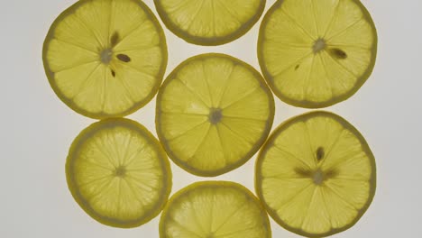 collection of fresh lemon slices on white background. rotation citrus fruit. top view.