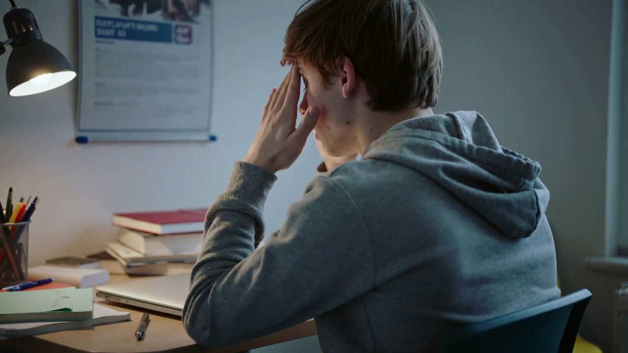 Adolescente che studia, indossa una felpa con cappuccio grigia, chinato sulla scrivania, si strofina il naso leggendo appunti nel dormitorio, con una lampada