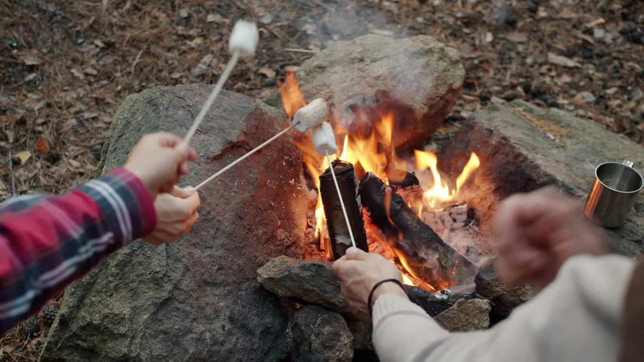Marshmallows arrostiti su un fuoco di campo