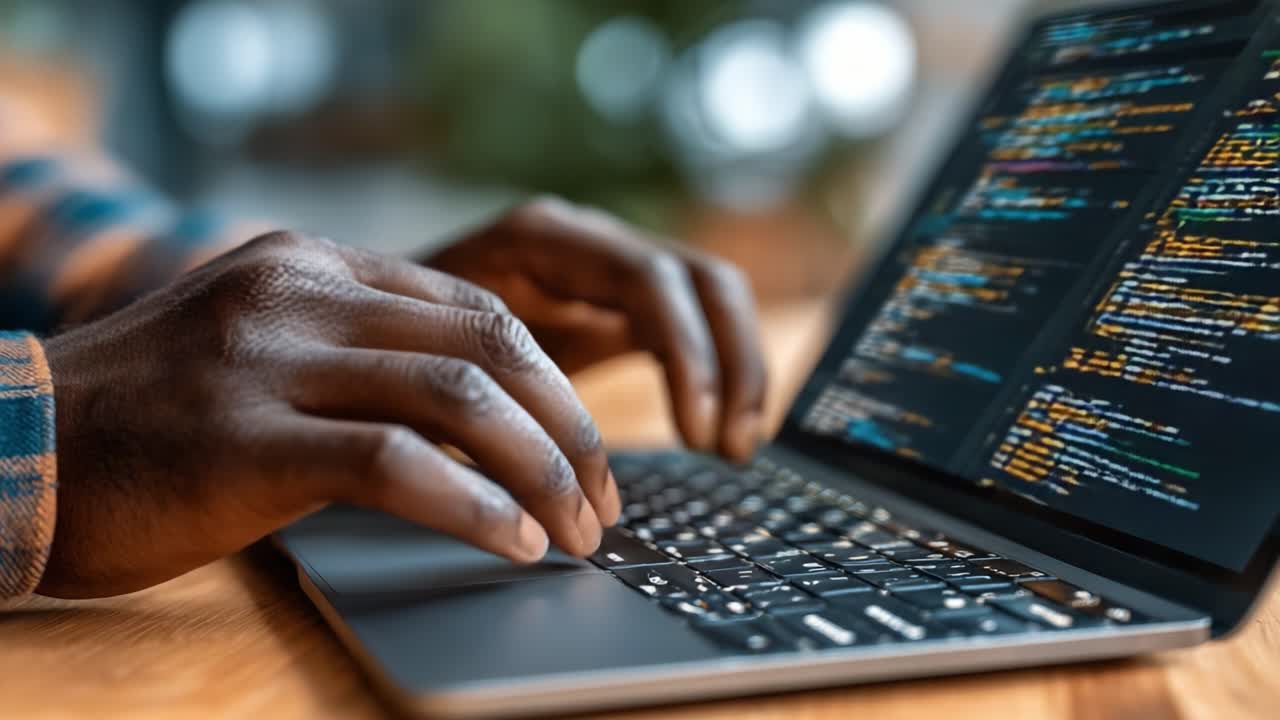 Close-Up of Hands Typing on a Laptop with Colorful Code Displayed on the Screen, Emphasizing the Focus on Coding and Programming Skills in a Dynamic Workspace Environment