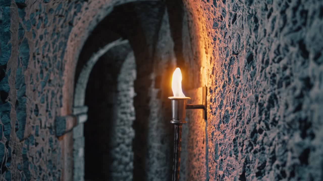 A torch illuminates a stone corridor, captured at a low angle