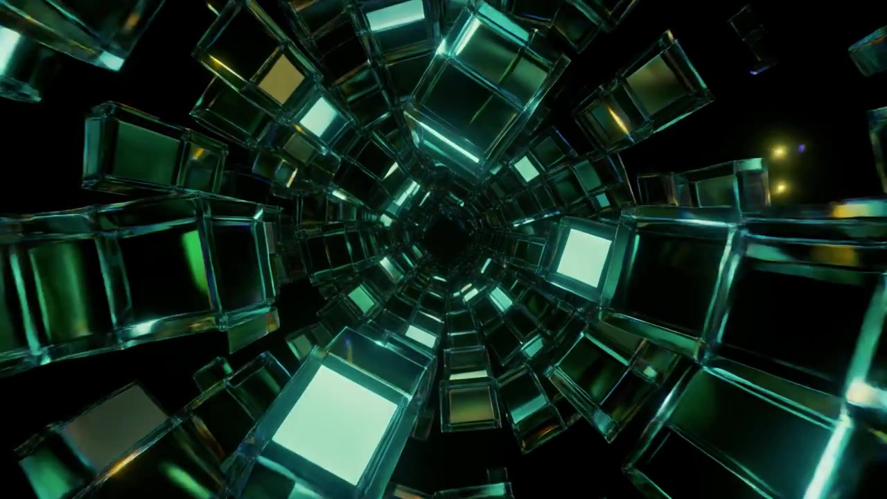 Abstract Tunnel of Glowing Green Glass Cubes Moving Forward