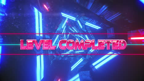 animation of level completed text over neon lines and blue pattern