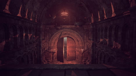 oscuro y misterioso corredor de piedra con puerta abierta en un castillo medieval
