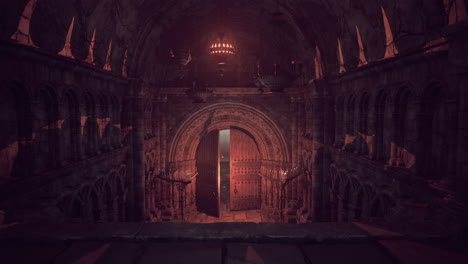 dark and mysterious stone corridor with open door in a medieval castle