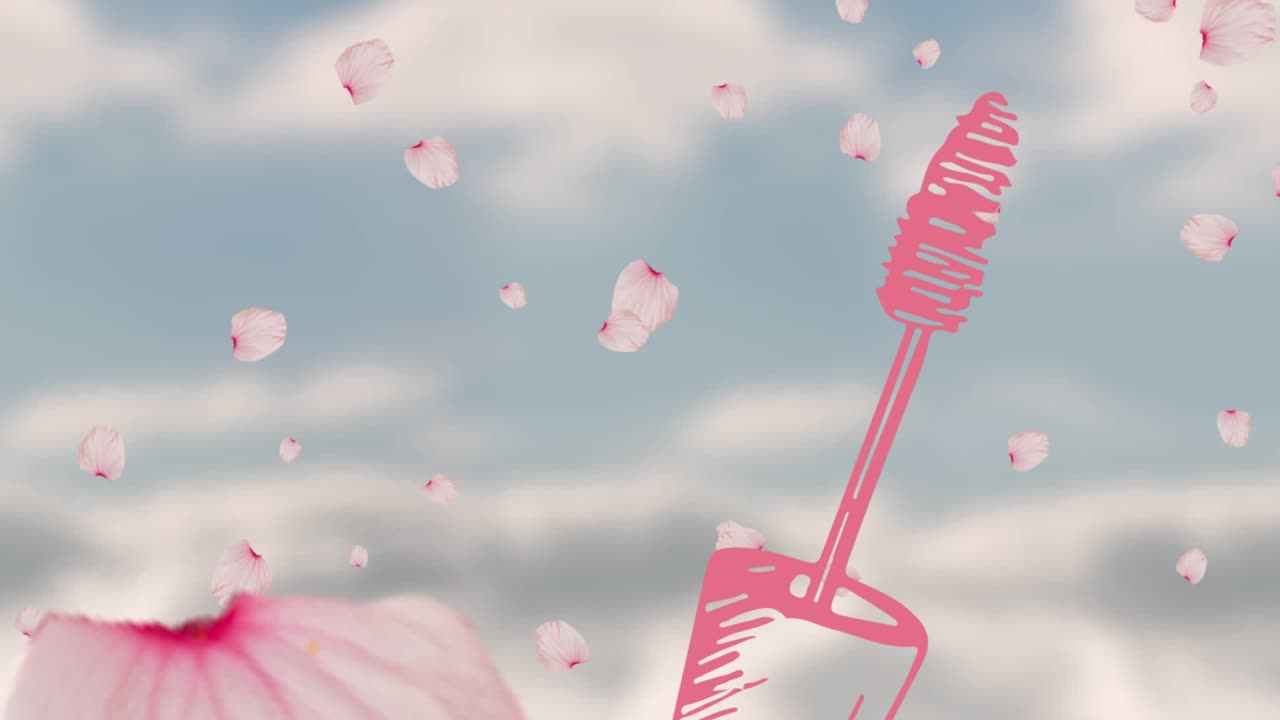 Animation of mascara icon over petals falling
