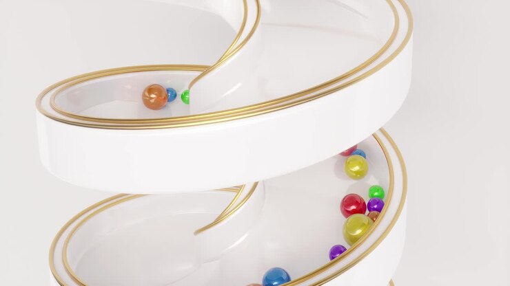 Abstract White Spiral Staircase with Colorful Spheres
