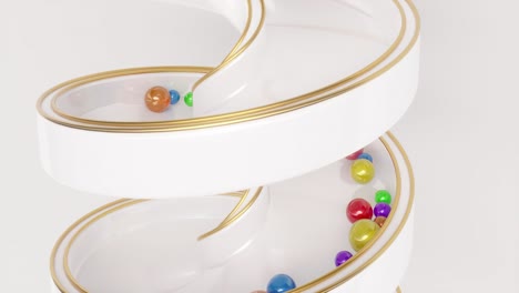 abstract white spiral staircase with colorful spheres