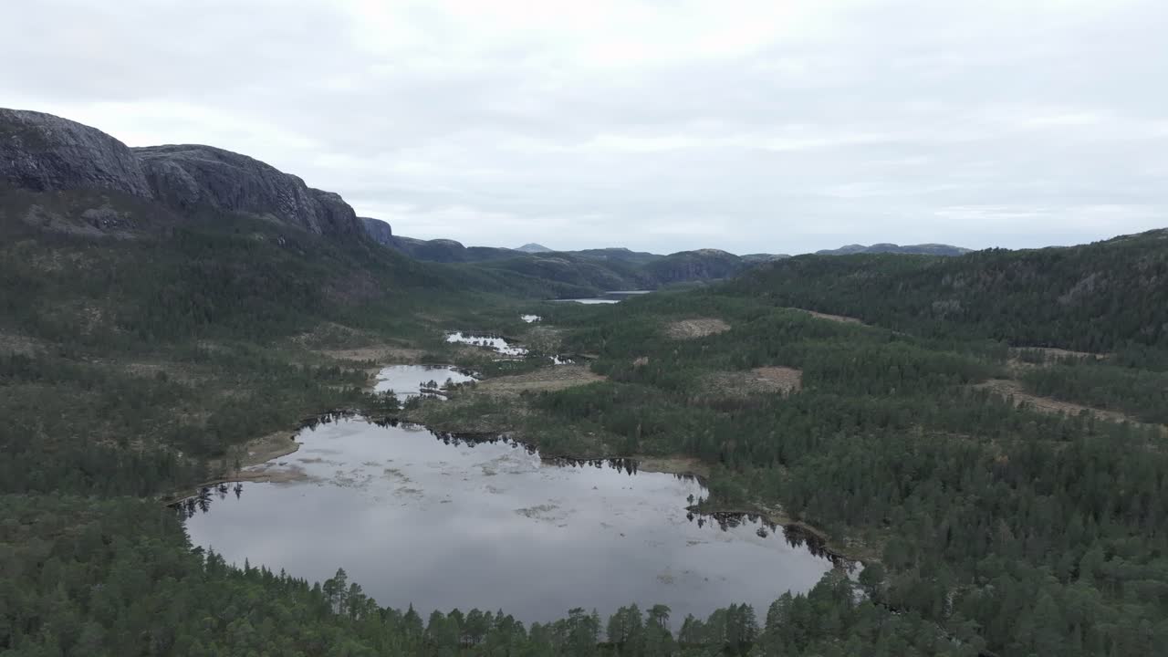 hildremsvatnet, condado de trondelag, noruega - una vista panorámica se despliega con un lago abrazado por una exuberante vegetación, con el telón de fondo de una majestuosa cordillera - retiro aéreo