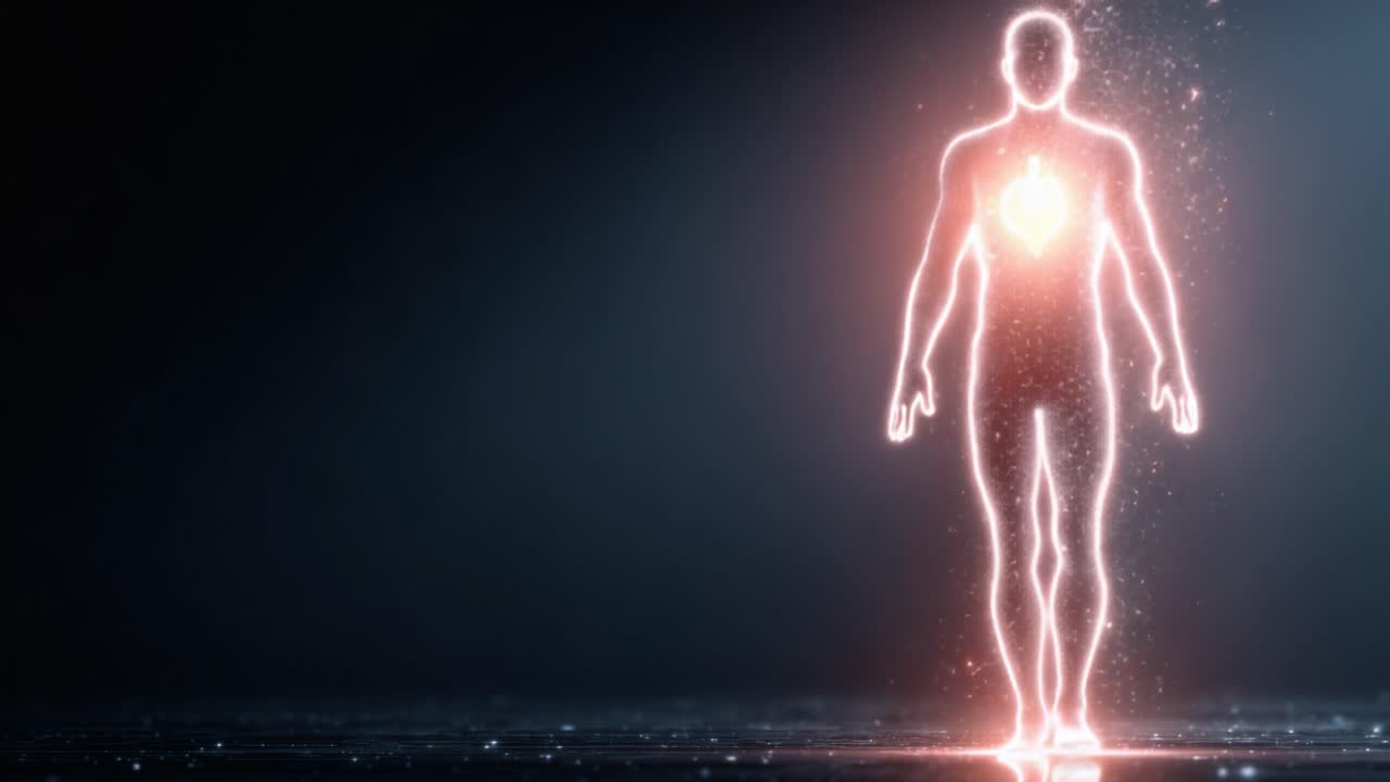 輝く心臓を持つ天上の存在：光に触れた人類の幽玄な姿を、科学と芸術を融合させた印象的なビジュアルで表現。