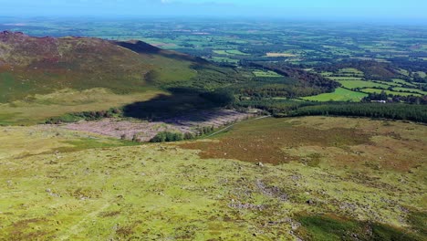 Aerial-view-of-mountain-valley-with-forests-roads-and-a-rocky-river-in-summertime