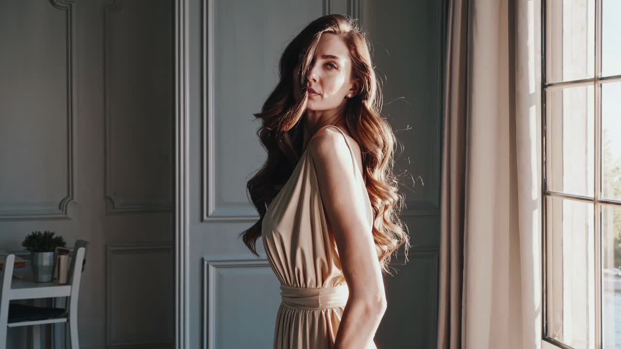 Elegant woman in a flowing dress stands by a window, captured in a soft side angle