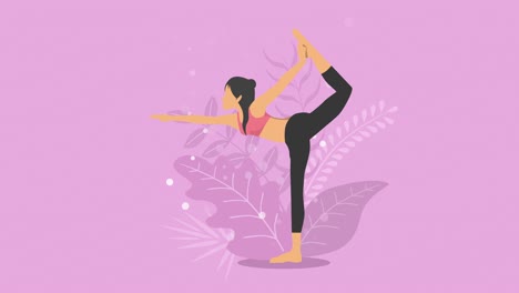 mujer hace ejercicio de yoga en la naturaleza. postura de equilibrio de medio arco de pie. personaje de dibujos animados femenino demostrando postura de yoga. estilo de vida saludable. animación de bucle.