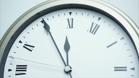 time lapse silver wall clock short hand points on roman numerals.