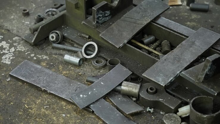 assorted steel leftovers and cylindrical parts scattered in fabrication workspace