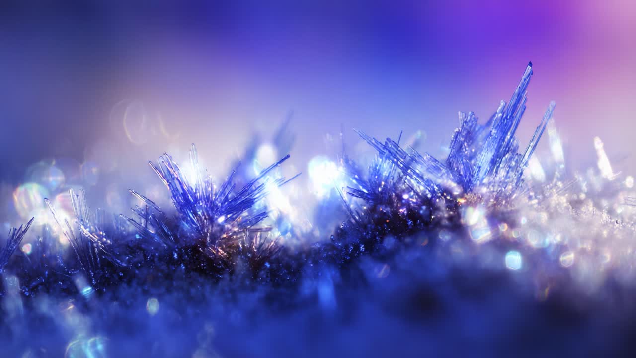 An Enchanting Display of Nature's Frozen Beauty: Captivating Ice Crystals Sparkling Under Soft Light in a Dreamlike Purple and Blue Atmosphere