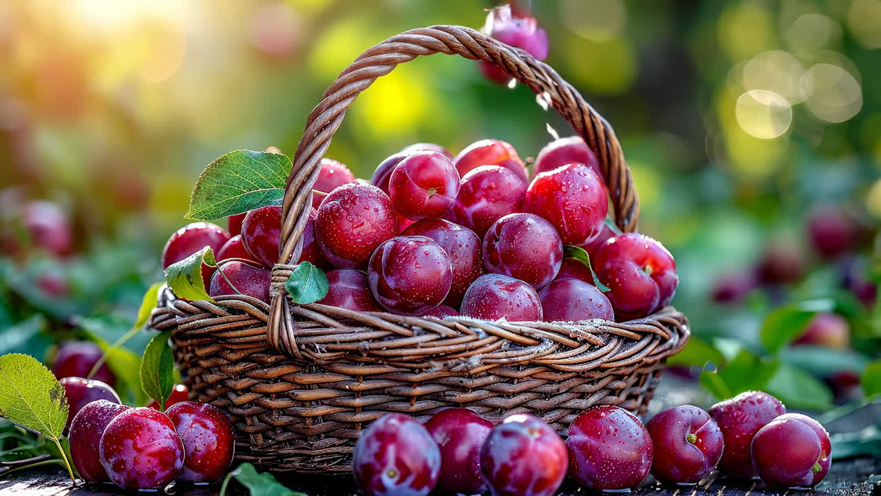 Prugne appena colte in un cesto di vimini. Un cesto di vimini trabocca di prugne mature sotto la tenue luce del sole pomeridiano in un lussureggiante frutteto