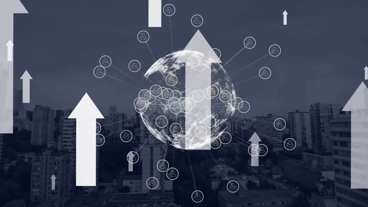 Animation of network of connections with icons over cityscape