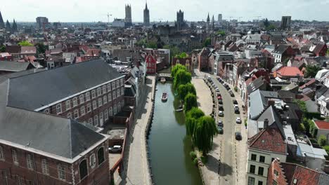 Lieve-Canal-to-Gravensteen-Castle,-East-Flanders,-Ghent,-Flemish-Region,-Belgium,-June-2022