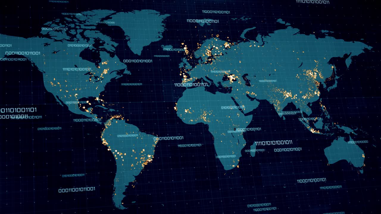 World Map with Binary Code Overlay