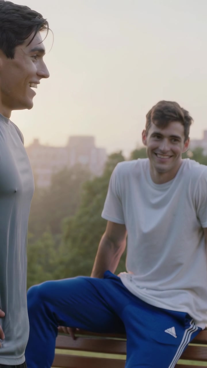 Video verticale: Uomo che entra da sinistra, si asciuga la fronte dopo la corsa, saluta un amico su una panchina in tenuta sportiva, spazio per il testo.