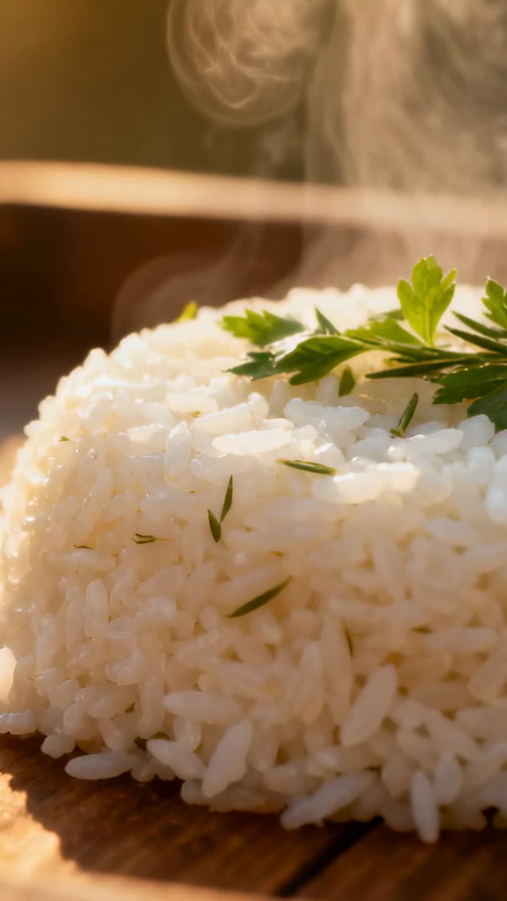 Vertical video: Revealing rice mound releasing steam after cooking on ...