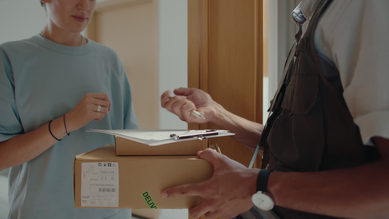 Girl Signing Document and Taking Parcels from Courier