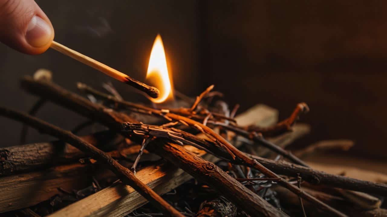 Igniting Kindling: The Moment a Match Sparks Flame on a Pile of Twigs, Revealing the Beauty of Fire's Dance and the Art of Kindling