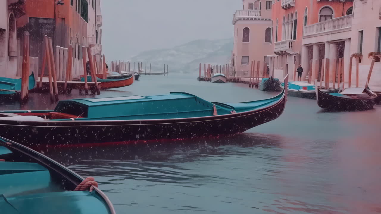 Canal de Venise sous la neige hivernale avec des gondoles