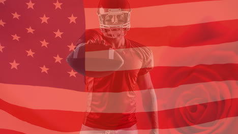 animation of american football player over usa flag and rose