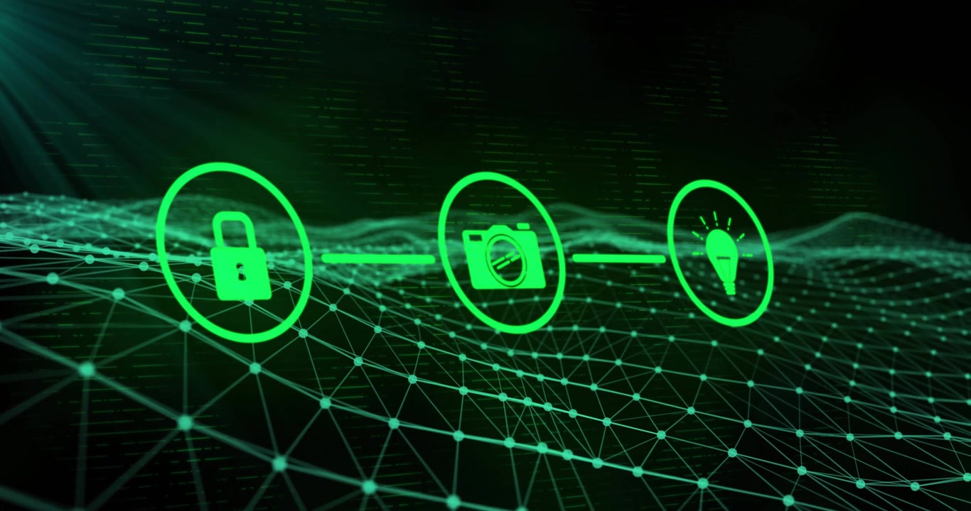 Wireframe grid unfolding three green icon circles unlocking morphing camera revealing lightbulb