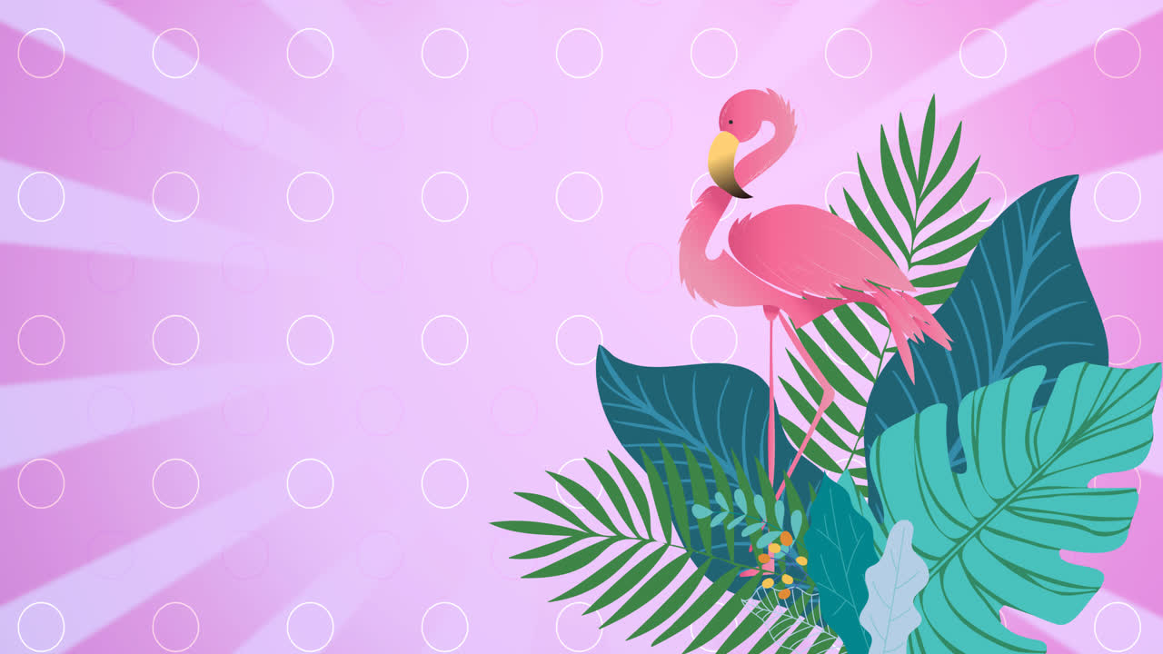 animación de flamencos y hojas de plantas tropicales sobre un fondo a rayas rosas