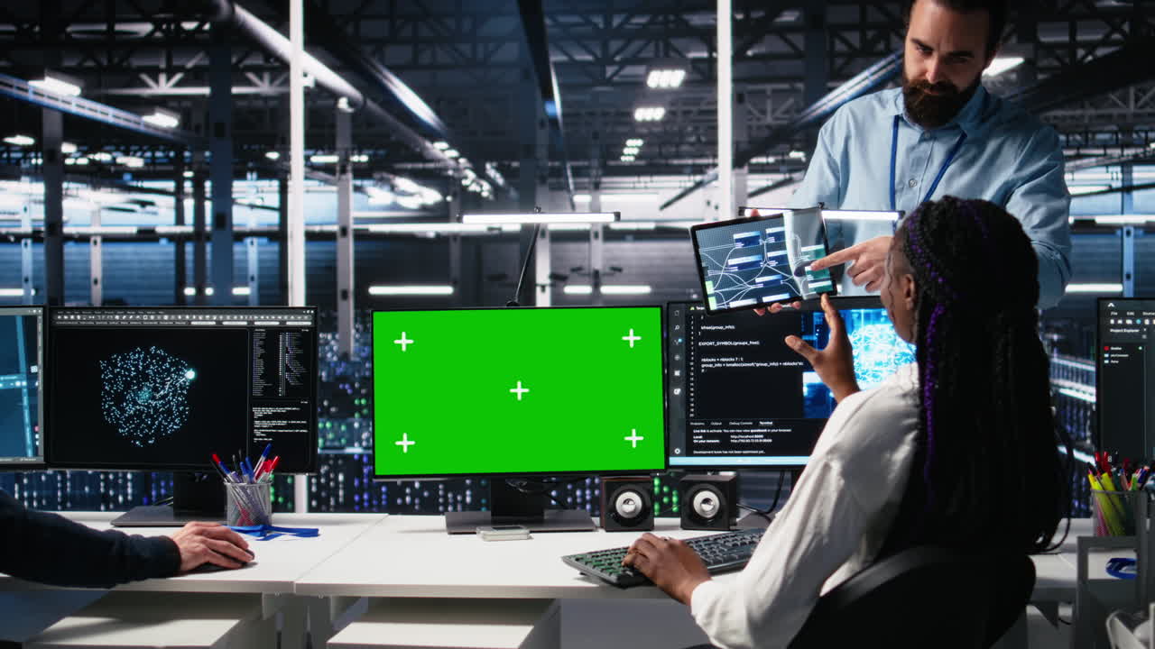 Female Programmer Talking With Manager In Ai Data Center, Using Mockup Pc