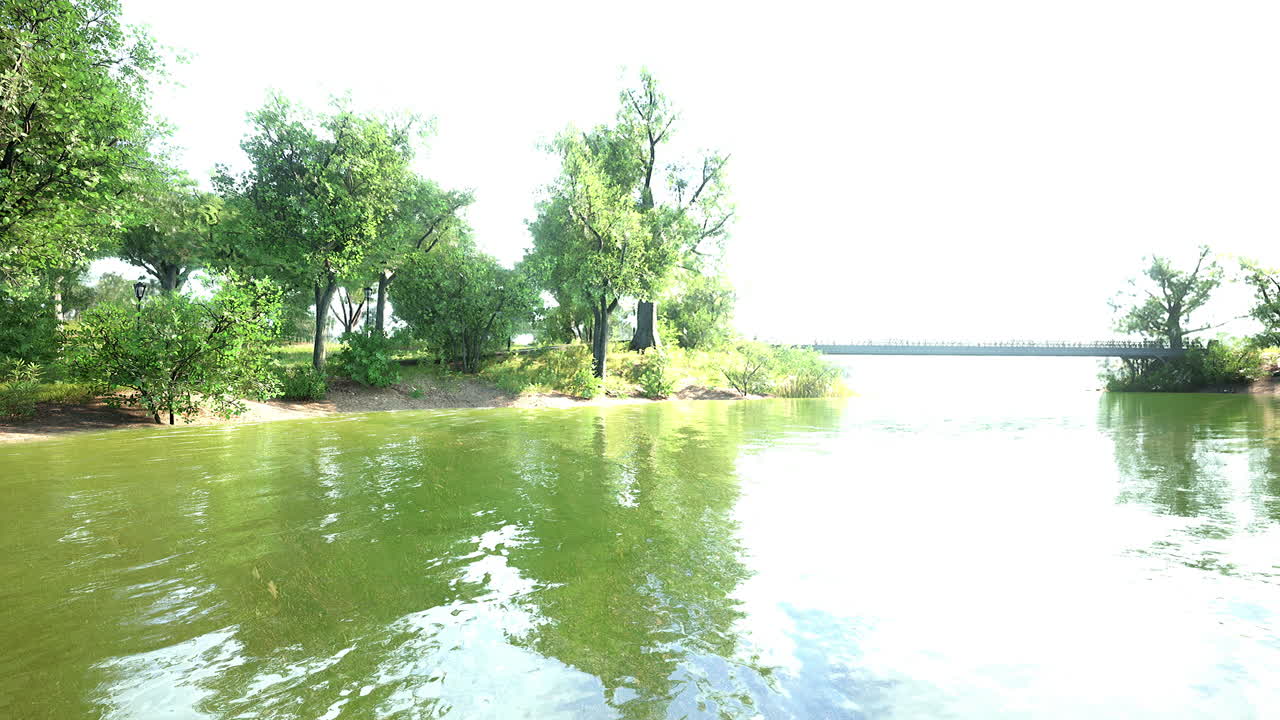 다리와 울창한 식물이 있는 강 풍경