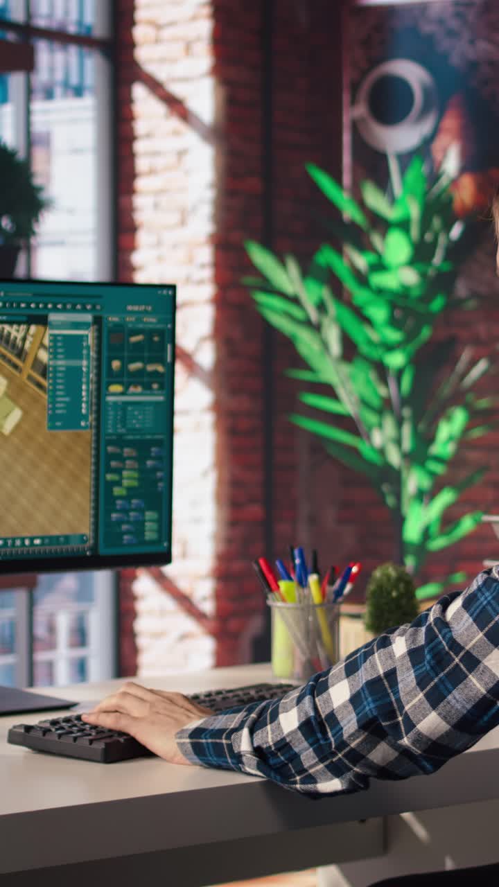 Vertical video Freelancer working from home moving assets in 3D modeling program