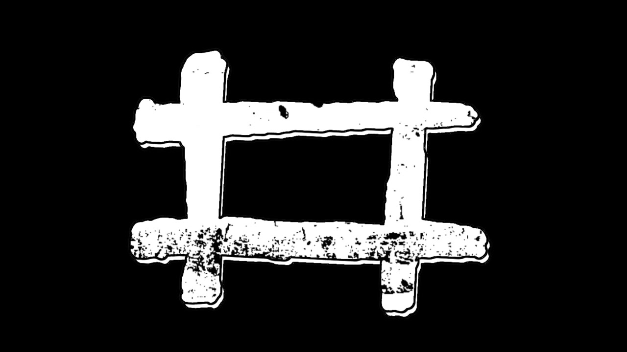Simbolo hashtag grunge animato con texture tremolante.