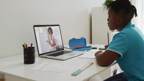 African-american-boy-sitting-at-desk-using-laptop-having-online-school-lesson