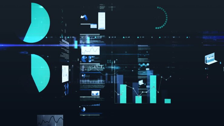 Animation of multiple graphs and trading board over lens flare against black background