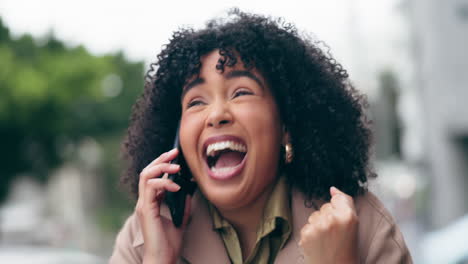 Phone-call,-winner-and-good-news-with-a-woman