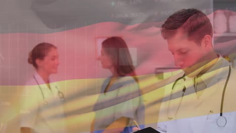 animación de gráficos y tableros de negociación, bandera de alemania, médico caucásico escribiendo en el bloc de notas