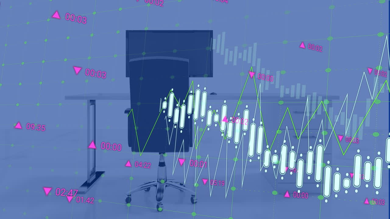 gráficos y procesamiento de datos sobre una silla y una computadora en un escritorio en una oficina vacía