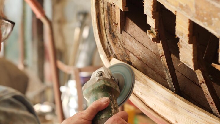 Boat builder using angle grinder to beveal wood boat hull plank