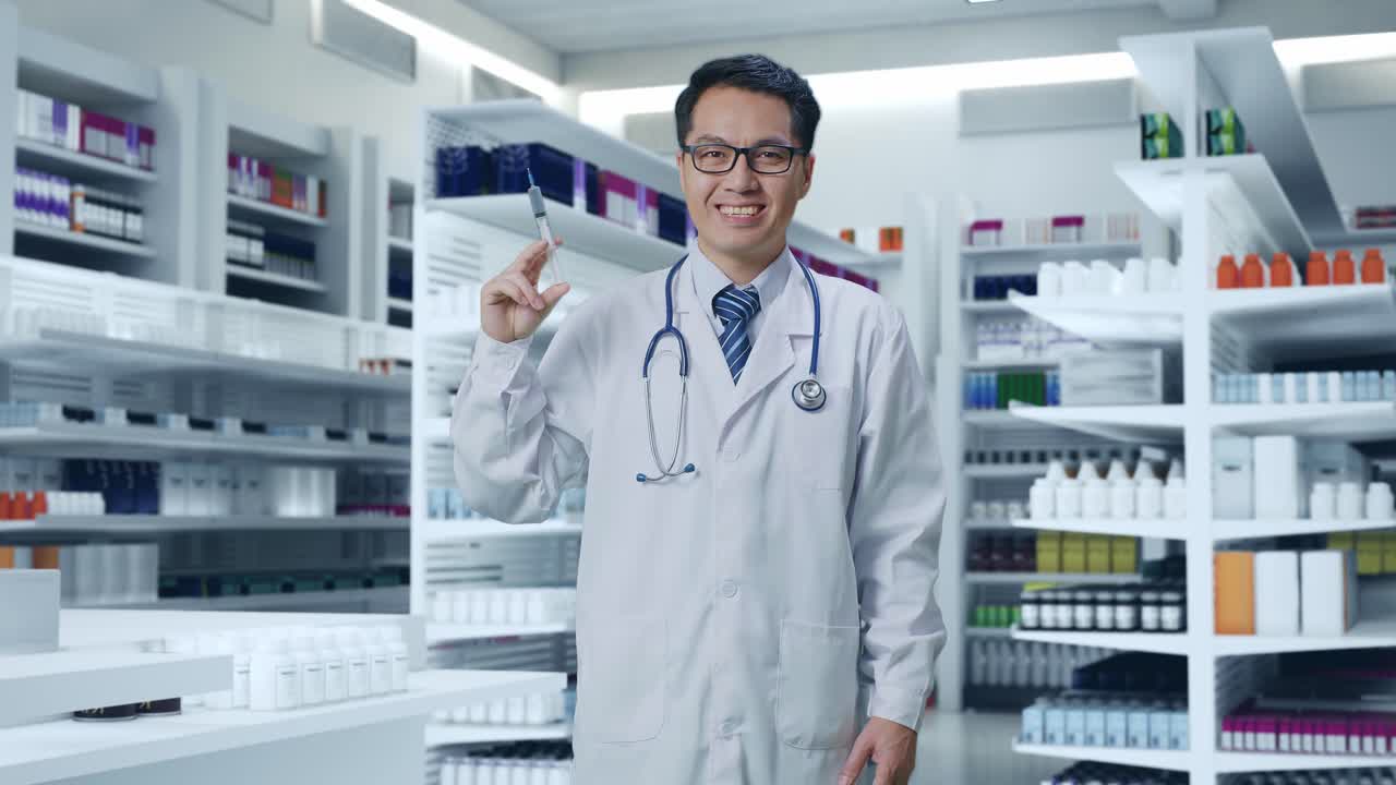 스테토스코프를 들고 주사기를 들고 약국에서 웃는 아시아 남성 의사