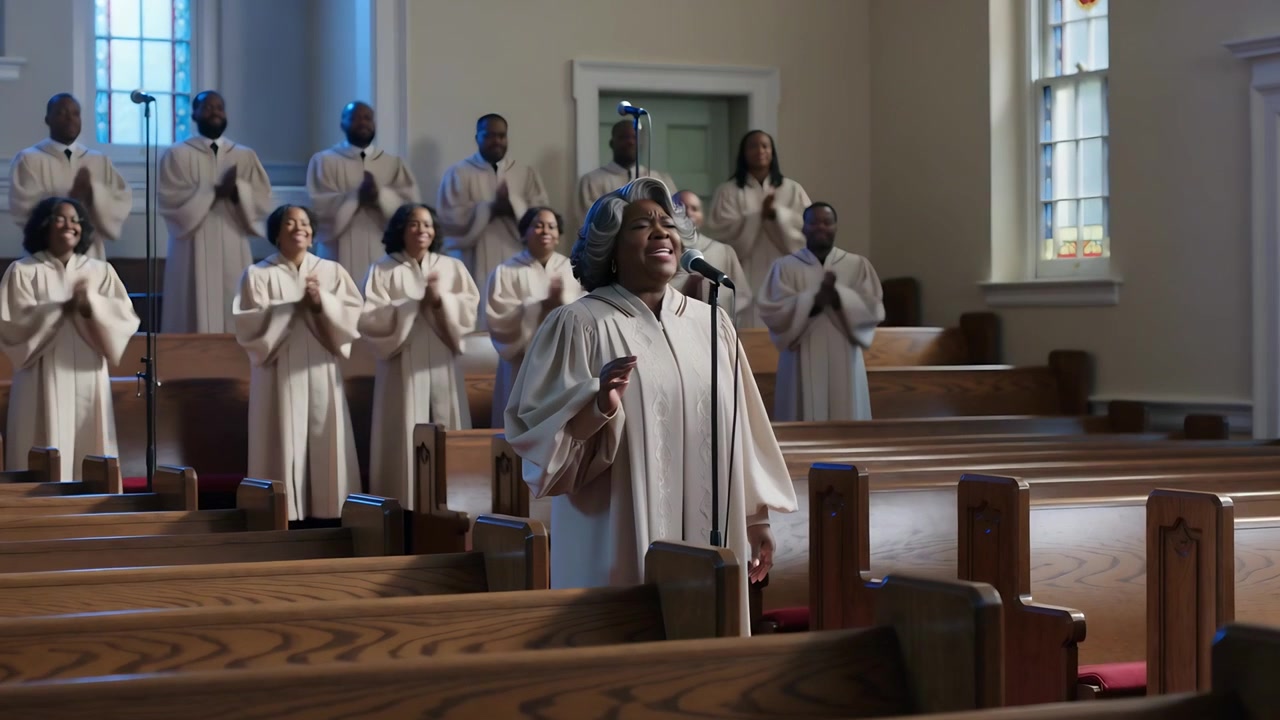 Starting singer in light beige robe leaning into mic singing for worship in church, choir clapping