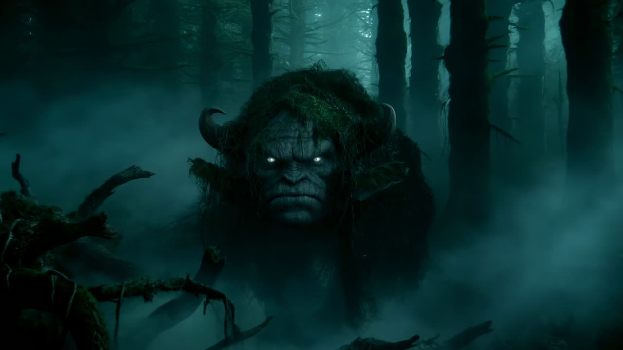 Hewan Buas Hutan Misterius dengan Mata Bercahaya dalam Kabut