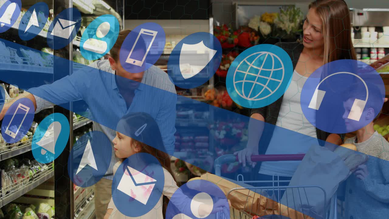 Family grocery aisle dad pointing selecting goods as mom pushing cart with loaf, app icons sweeping