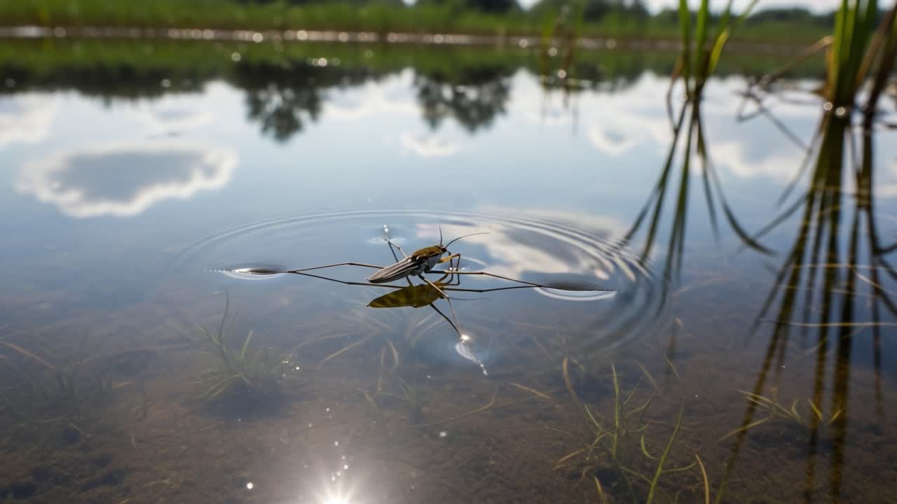Capturing the Serenity of Nature: A Close-Up of an Insect Skimming Across the Tranquil Surface of a Reflective Pond Amidst Lush Greenery