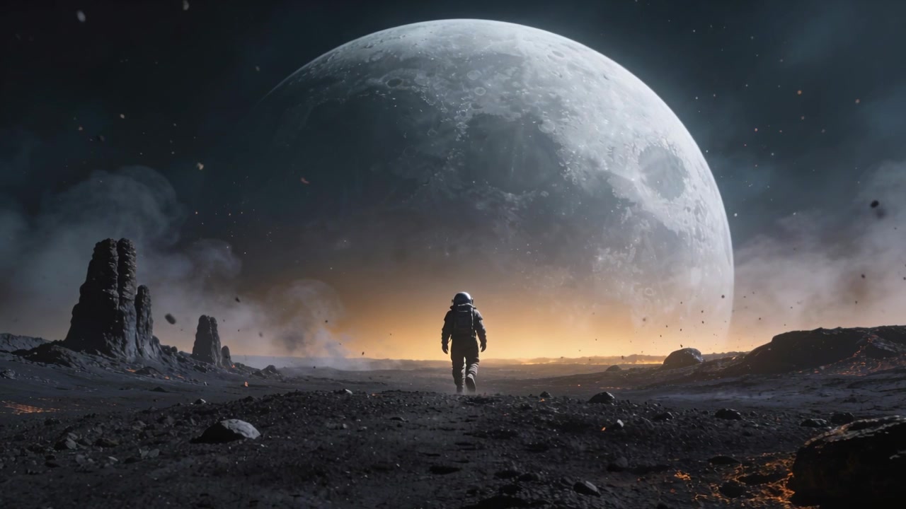 Gående astronaut i rumdragt på vej mod horisontens glød på en måneslette, undersøger glødende sprække