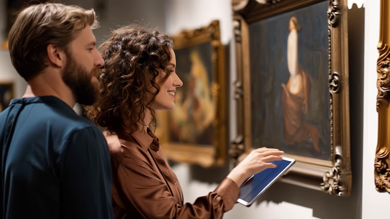 Una donna dai capelli ricci sorride mentre tiene un tablet. Un uomo con la barba osserva l'arte con interesse. Esplorano una galleria, coinvolti dai dipinti. Perfetto per temi di turismo o educazione.