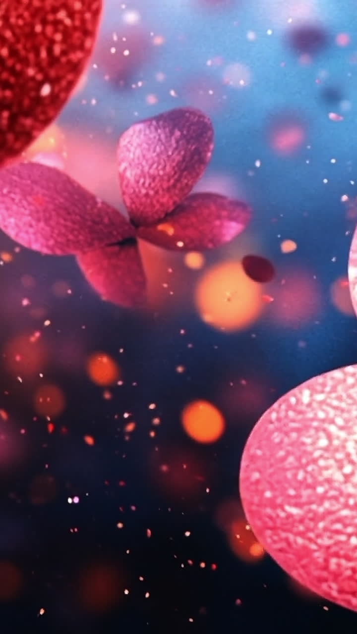 Hearts float in the celebration. Floating hearts in shades of pink create a festive atmosphere, surrounded by sparkling light effects and colorful bokeh.
